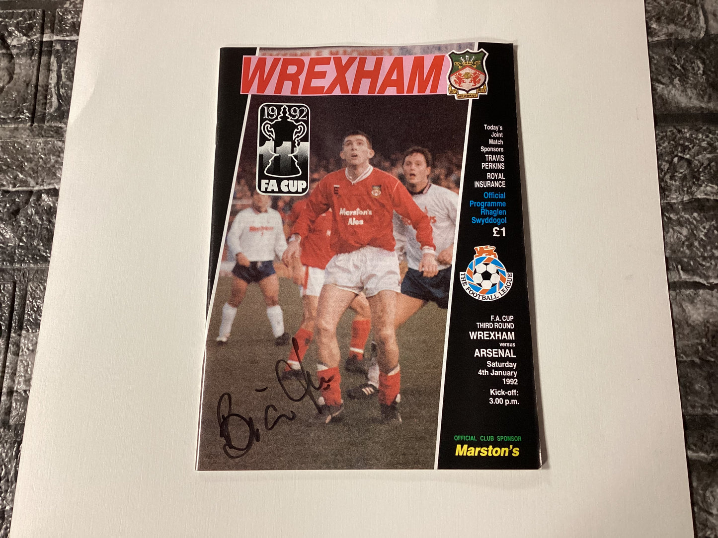 Wrexham V Arsenal 1992 FA Cup Programme Signed By Manager Brian Flynn