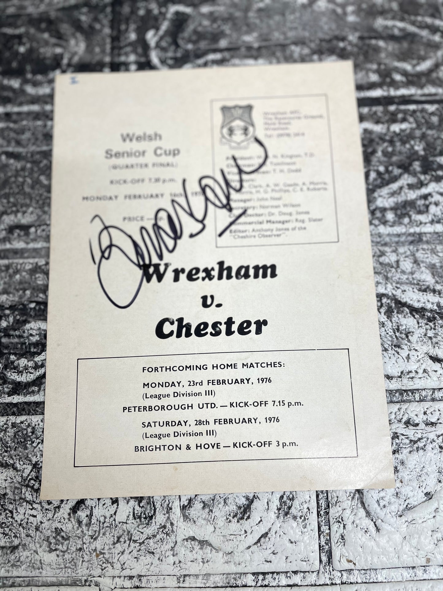 Wrexham v Chester Welsh Cup 1976 Programme Signed By Billy Ashcroft