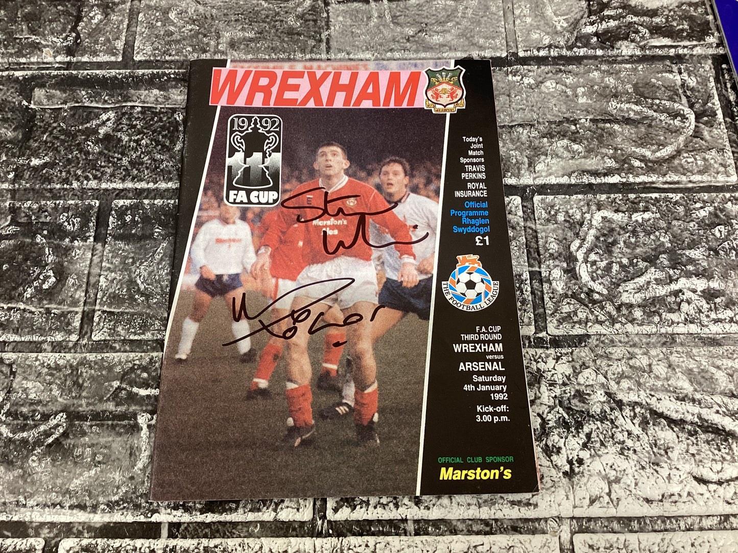 Wrexham V Arsenal 1992 FA Cup Programme Signed By Goal Scorers Mickey Thomas & Steve Watkin